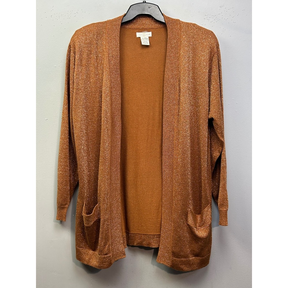 Yarnworks Cardigan Women XL Copper Metallic Open Front Knit Pocket Shoulder pads